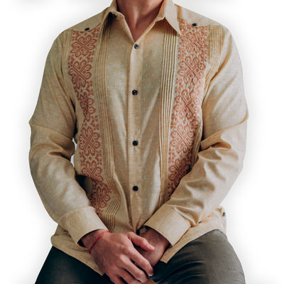 Beige embroidered long sleeve guayabera
