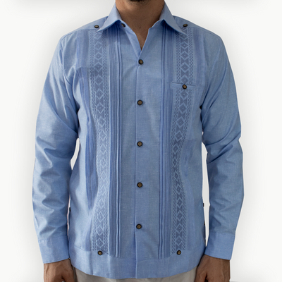 Blue embroidered long sleeve guayabera