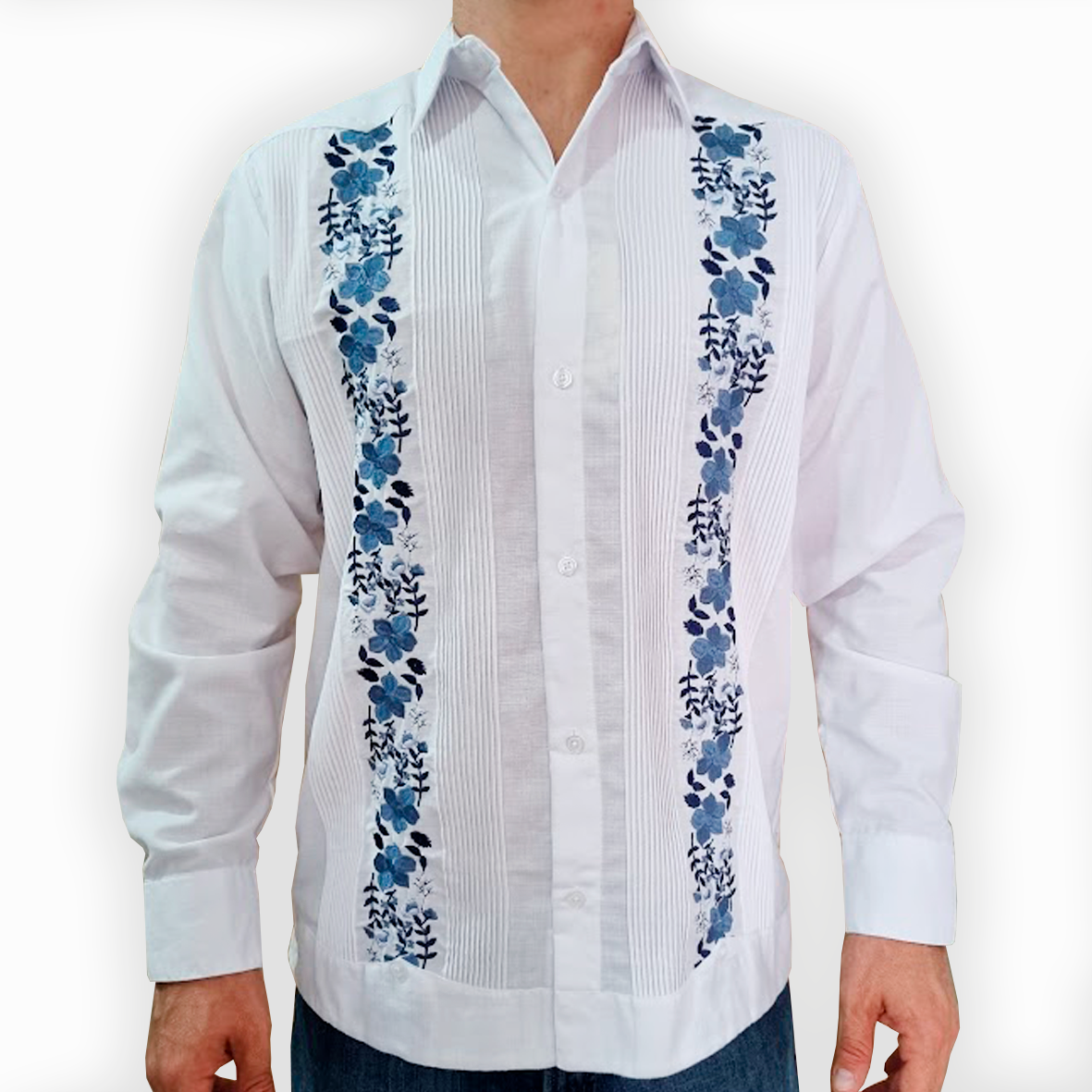 Blue floral embroidered guayabera shirt for men