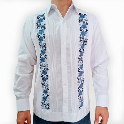 Blue floral embroidered guayabera shirt for men