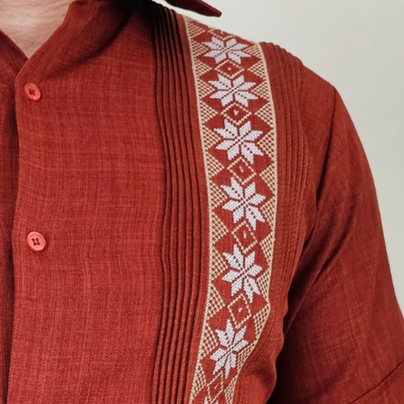 Burnt orange embroidered guayabera shirt for men