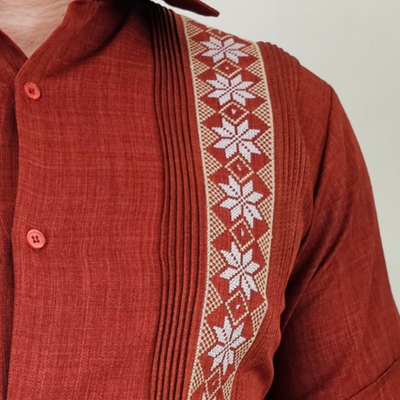 Burnt orange embroidered guayabera shirt for men