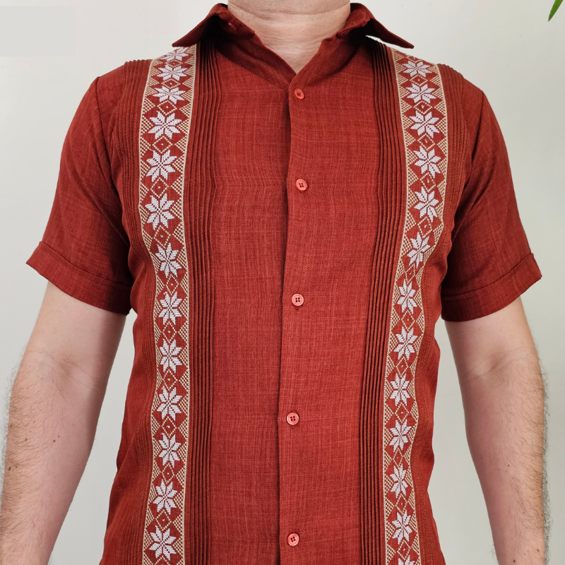 Burnt orange embroidered guayabera shirt for men short sleeve