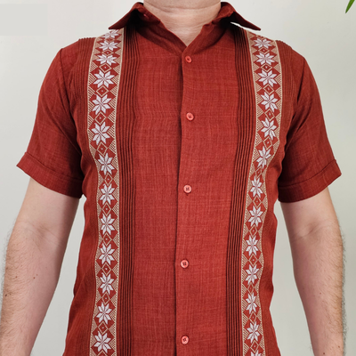 Burnt orange embroidered guayabera shirt for men short sleeve
