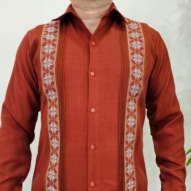 Burnt orange long sleeve guayabera – breathable linen-cotton men’s shirt