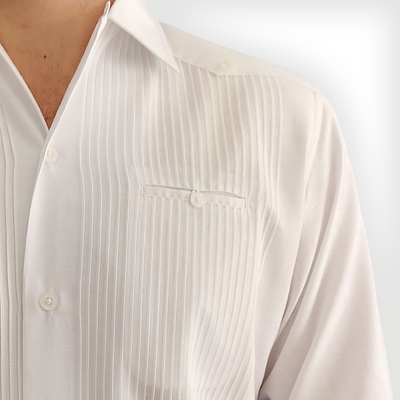 Close-up of 100% cotton fabric on white presidential guayabera, handcrafted by Casa Habana