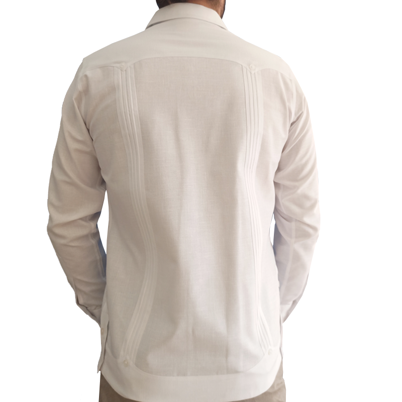 Close-up of 100% cotton white Cuban guayabera with four pockets