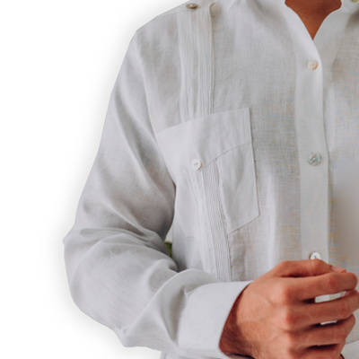 Close-up of 100% linen texture on long-sleeve guayabera