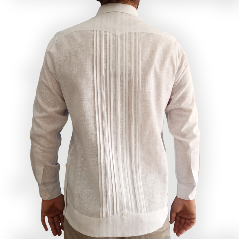 Close-up of French cuffs and embroidery on formal white guayabera – Casa Habana craftsmanship