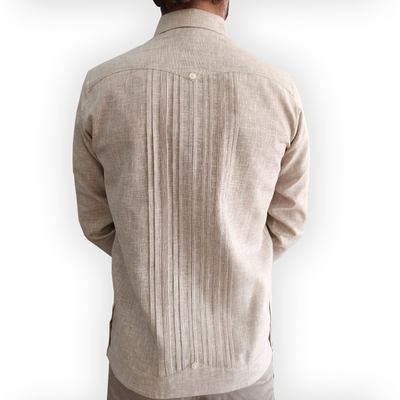 Close-up of beige cotton fabric – breathable guayabera shirt