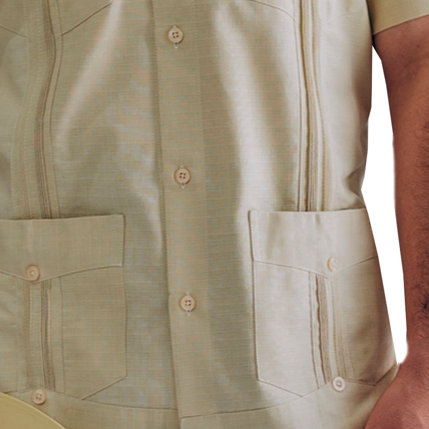 Close-up of embroidery and pleats on beige Cuban guayabera