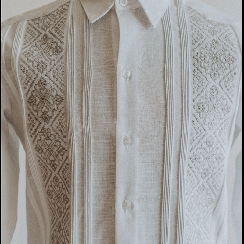 White guayabera with grey embroidery
