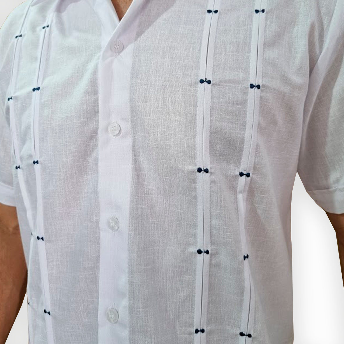 Close-up of modern guayabera shirt men with refined stitching