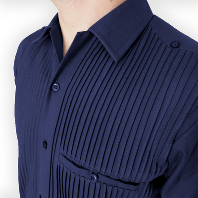 Close-up of navy blue guayabera pleats and button details long sleeve