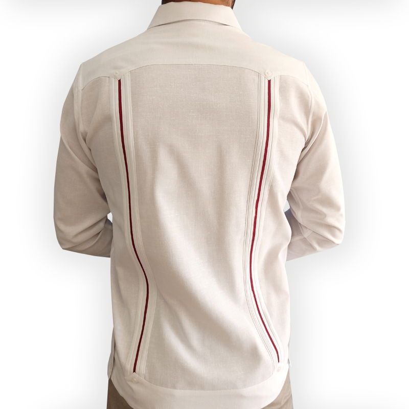 Close-up of red trim details on white long-sleeve guayabera