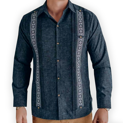 Dark blue embroidered long sleeve guayabera
