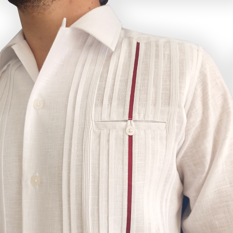 Elegant white long-sleeve guayabera for men with red trim