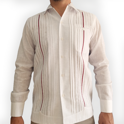 Elegant white long-sleeve guayabera for men with red trim – Casa Habana