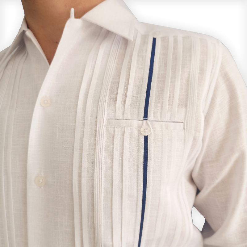 Groom wearing luxury white long-sleeve wedding guayabera with blue trim