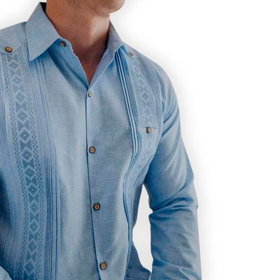 Light blue embroidered long sleeve guayabera