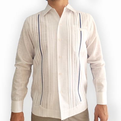 Luxury white long-sleeve wedding guayabera with blue trim