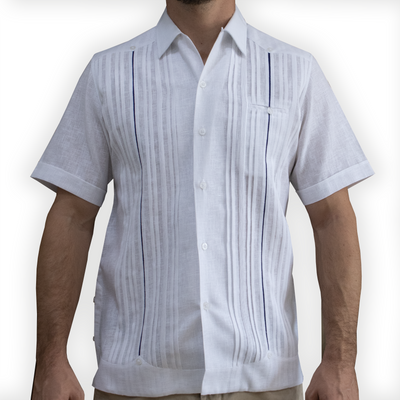 Luxury white short-sleeve guayabera with blue trim