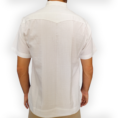 Man wearing White Guayabera with beige shorts