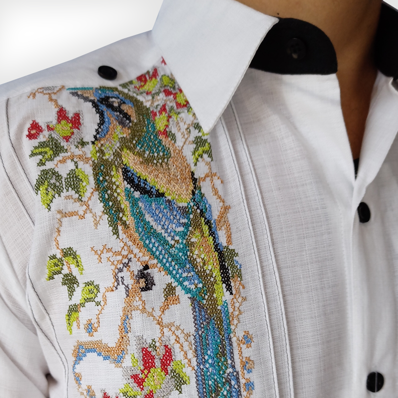 Man wearing bird embroidered guayabera – Casa Habana Embroidered Collection