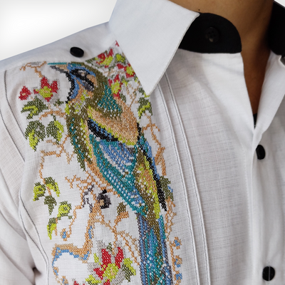 Man wearing bird embroidered guayabera – Casa Habana Embroidered Collection