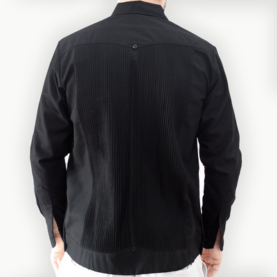 Man wearing black long sleeve guayabera