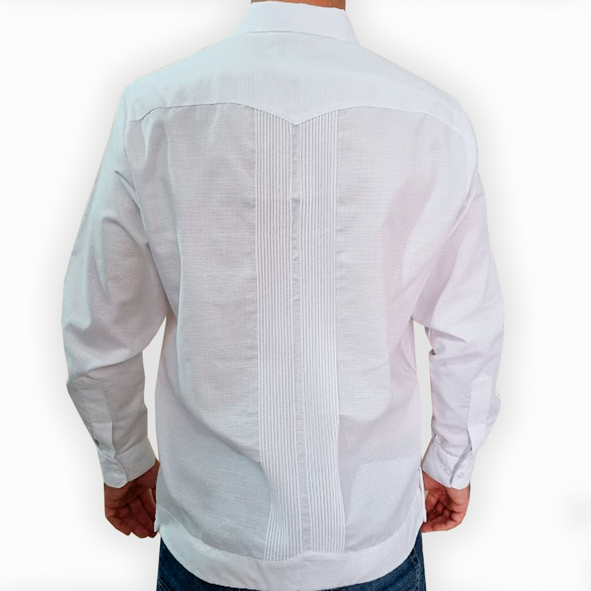 Man wearing blue floral guayabera at a formal summer event