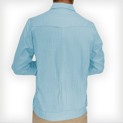Man wearing light blue long sleeve guayabera