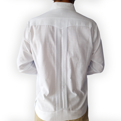 Man wearing white long-sleeve embroidered guayabera