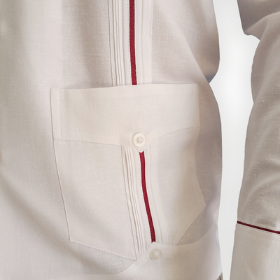 Man wearing white long-sleeve guayabera with red trim – Casa Habana Collection