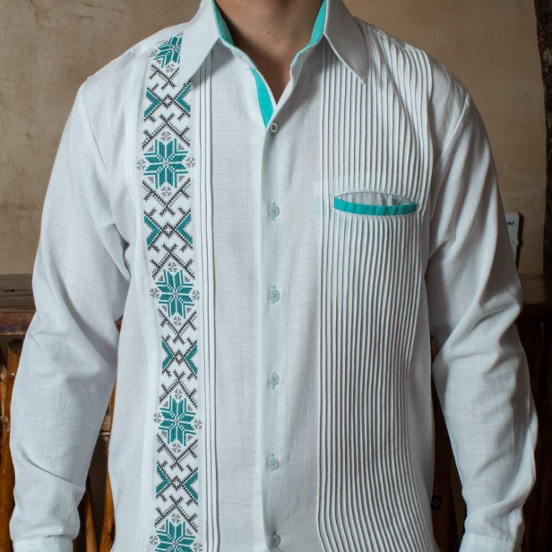 Mexican style guayabera shirt with turquoise embroidery