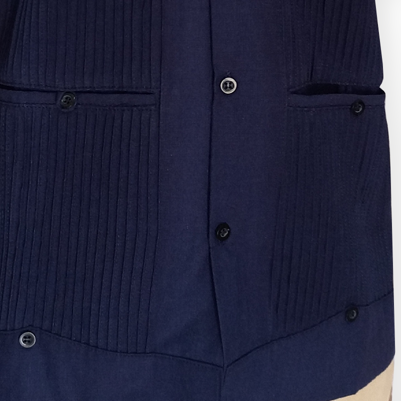 Navy blue short sleeve guayabera shirt styled for summer events