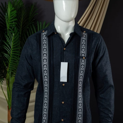 Navy embroidered long sleeve guayabera