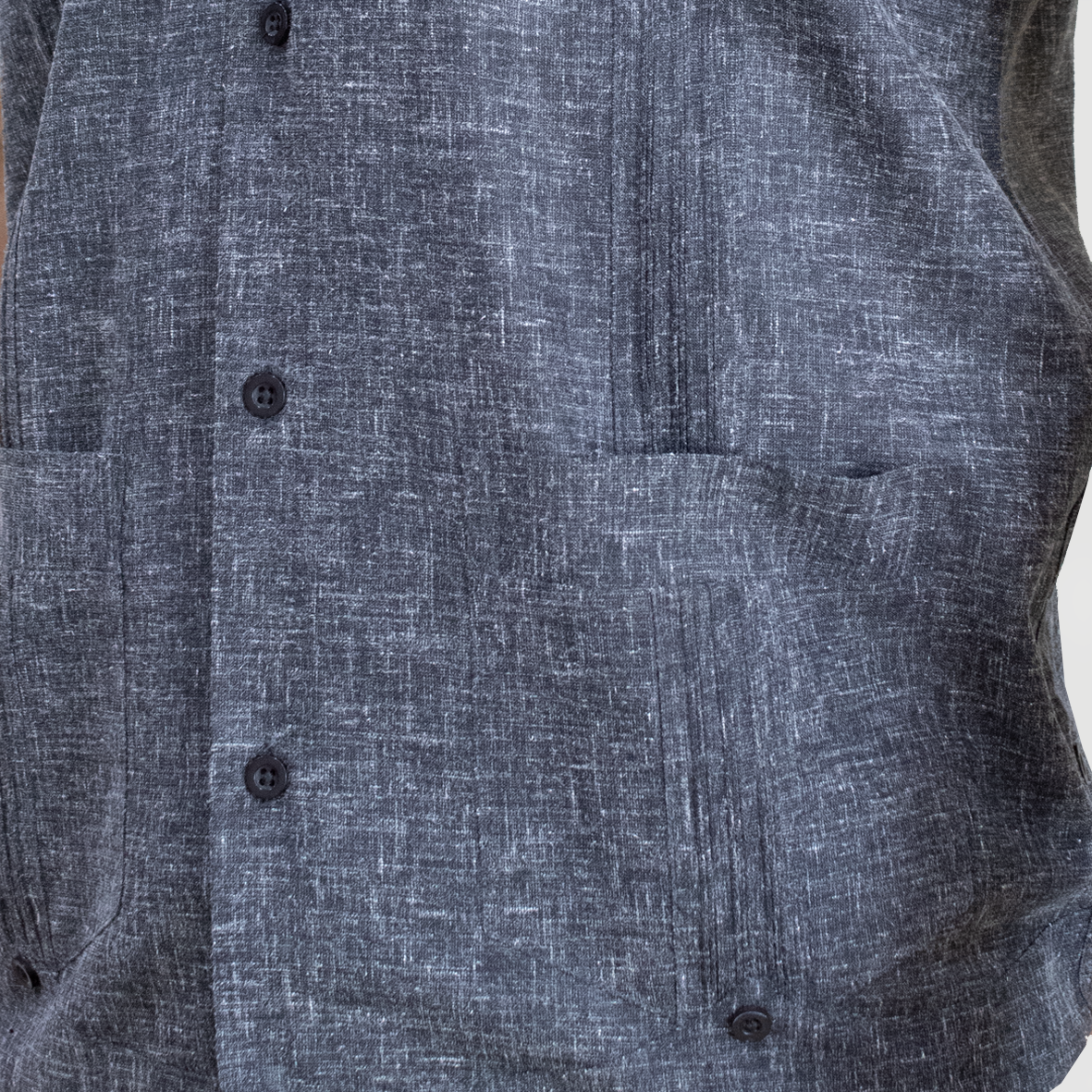 Traditional pleat detail on Cuban grey short sleeve guayabera