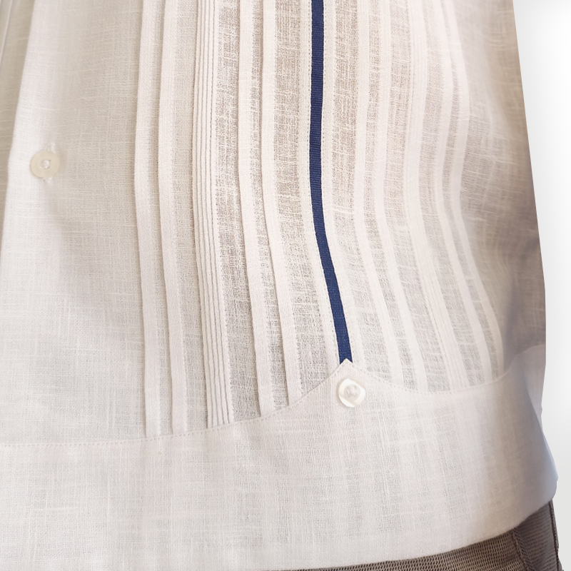 White cotton luxury guayabera with blue trim for elegant weddings
