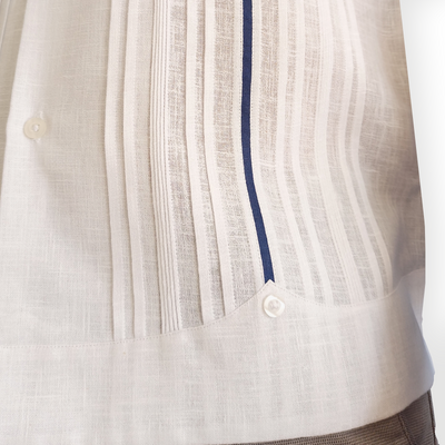 White cotton luxury guayabera with blue trim for elegant weddings