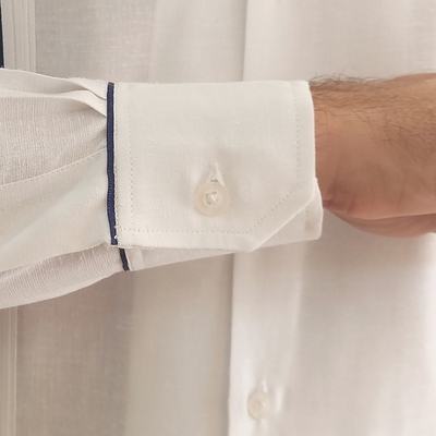 White cotton wedding guayabera with navy blue detail