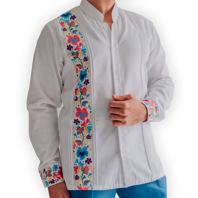 “White floral guayabera shirt for men