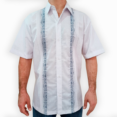 White guayabera modern fit with blue embroidery