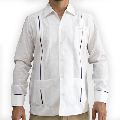 White guayabera with blue trim – Casa Habana