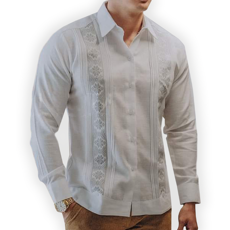 White guayabera with grey embroidery