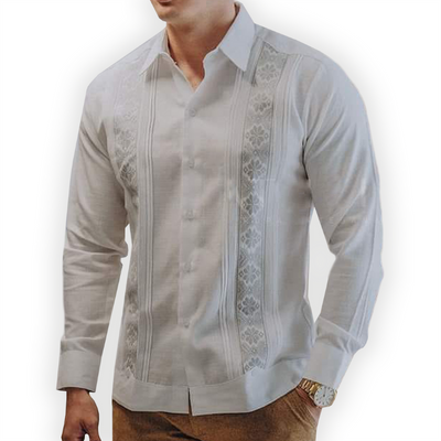 White guayabera with grey embroidery – Casa Habana elegant men’s shirt