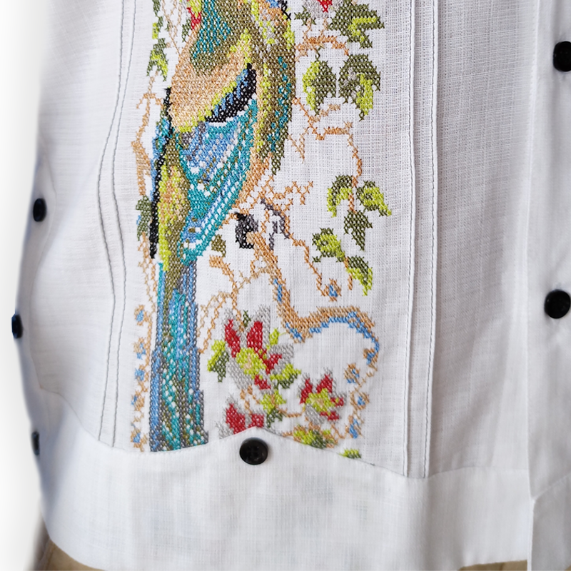 White linen bird embroidered guayabera with Mayan-inspired design – Casa Habana