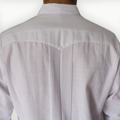 White long-sleeve embroidered guayabera with traditional Mayan design