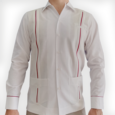 White long-sleeve guayabera with red trim