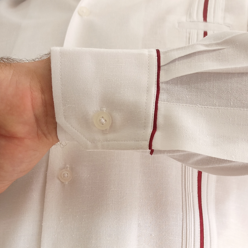 White long-sleeve guayabera with red trim – Casa Habana elegant men’s shirt